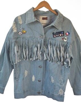 POL Denim Shacket Jacket Fringe Pins Patches Distressed Oversized S NWOT